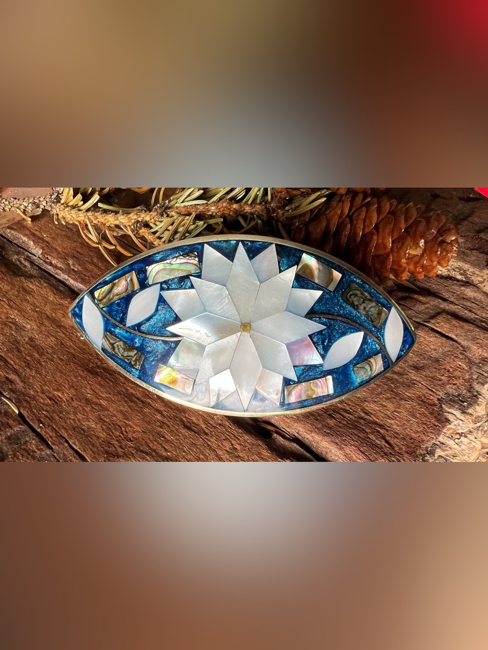 Mother of Pearl Floral Mosaic Hair Barrette - Blue and Iridescent